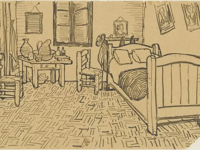 This image consists of a poster. On the right there is a bed on that there are pillows and photo...