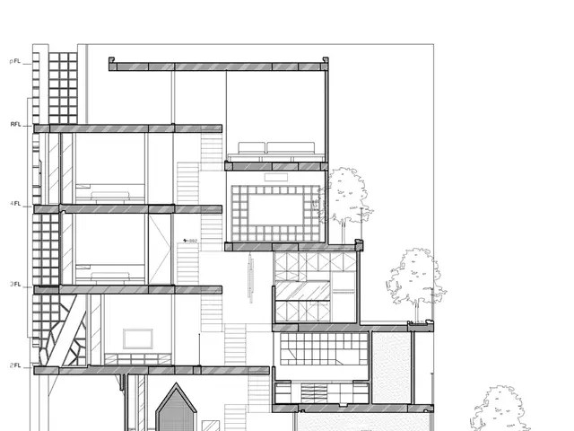 In this image there is a blueprint of a building and trees.