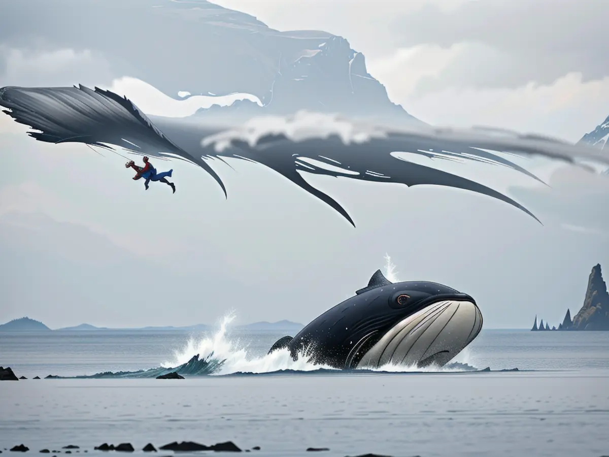 In the breathtaking expanse of Disko Bay, a magnificent humpback whale plunges with an awe-inspiring grace.