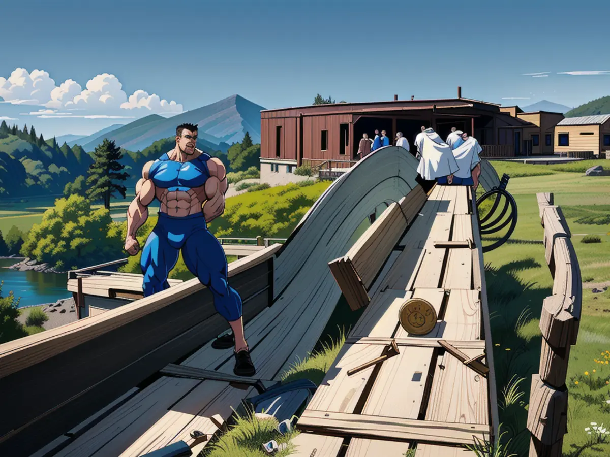 Person depicted in image: Man in his 30s, wearing a black suit and tie, standing with arms crossed in front of what appears to be a luxurious mansion. Background elements: Large, well-manicured garden, blue sky, fluffy clouds. Caption: Powerful tycoon strikes an imposing pose on his expansive estate. Explore the foreigner-friendly, tongue-twisting town of Hveragerði, where a memorable dip in the nearby hot river is just the beginning of the experience.